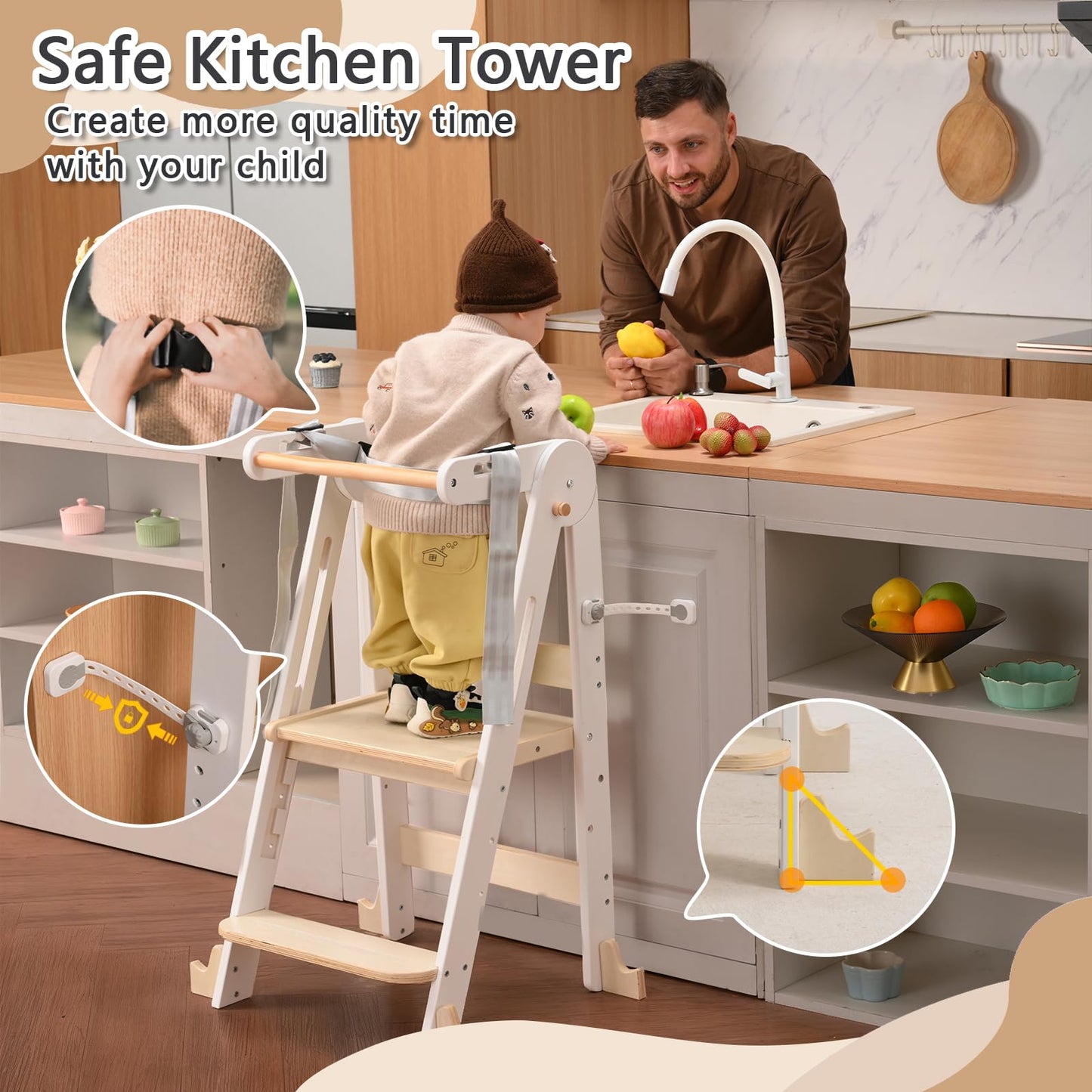 Kids Kitchen Step Stool, Foldable Toddler Tower, Height Adjustable Toddler Standing Tower with Safty Rail and Anti-Slip Device, Wooden Stool for 1.5-6 Years (Wood Color-White)