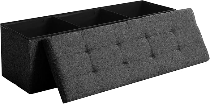 CUYOCA 45.3 Inches Storage Ottoman Bench Foldable Seat Footrest Shoe Bench End of Bed Storage with Flipping Lid, 166L Storage Space, Linen Fabric Black