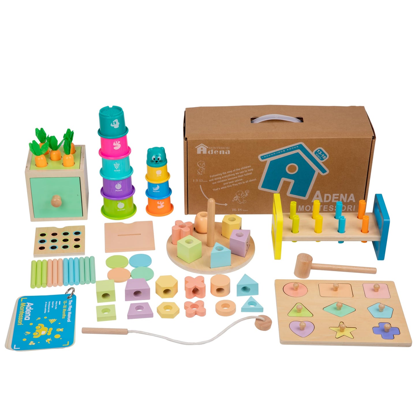 Adena Montessori Play Kit for 13-18 Month Baby,8 in 1 Toy,Colorful Stacking&Nesting Cup,Coin Bank,Coins,Carrots Lid,Carrots,Posting Lid,Flexble Stacker,Bead Kit,Shape Puzzle,Pound&Tap Hammer Bench