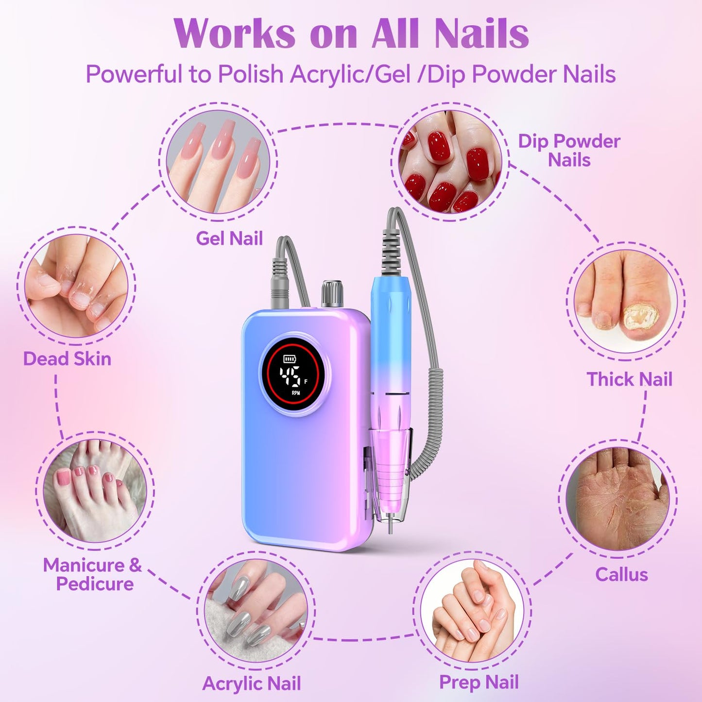Nail Drill Professional, 45000 RPM Rechargeable Electric Nail File Kit for Acrylic & Gel Nails, Portable Manicure Pedicure Tool for DIY Home or Salon, with 11 Nail Drill Bits & Sanding Band Set