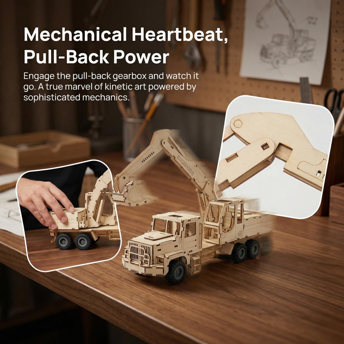 Adult 3D Wooden Excavator Assembly Kit, DIY Wind-Up Mechanical Model Building Set, Educational STEM Puzzle Desktop Toy, Ideal as a Birthday Gift or Decorative Display for Teens Aged 14 and Up.
