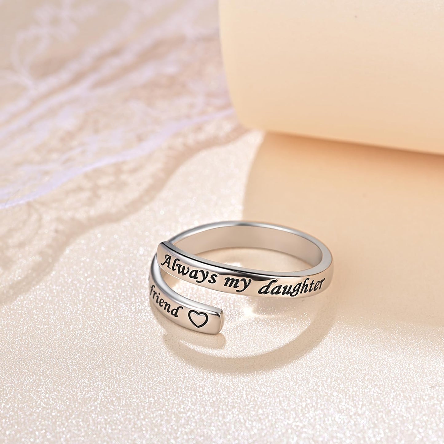 925 Sterling Silver Inspirational Jewelry Adjustable Wrap Open Ring Encouragement Gift for Women(Always my daughter Forever my friend)
