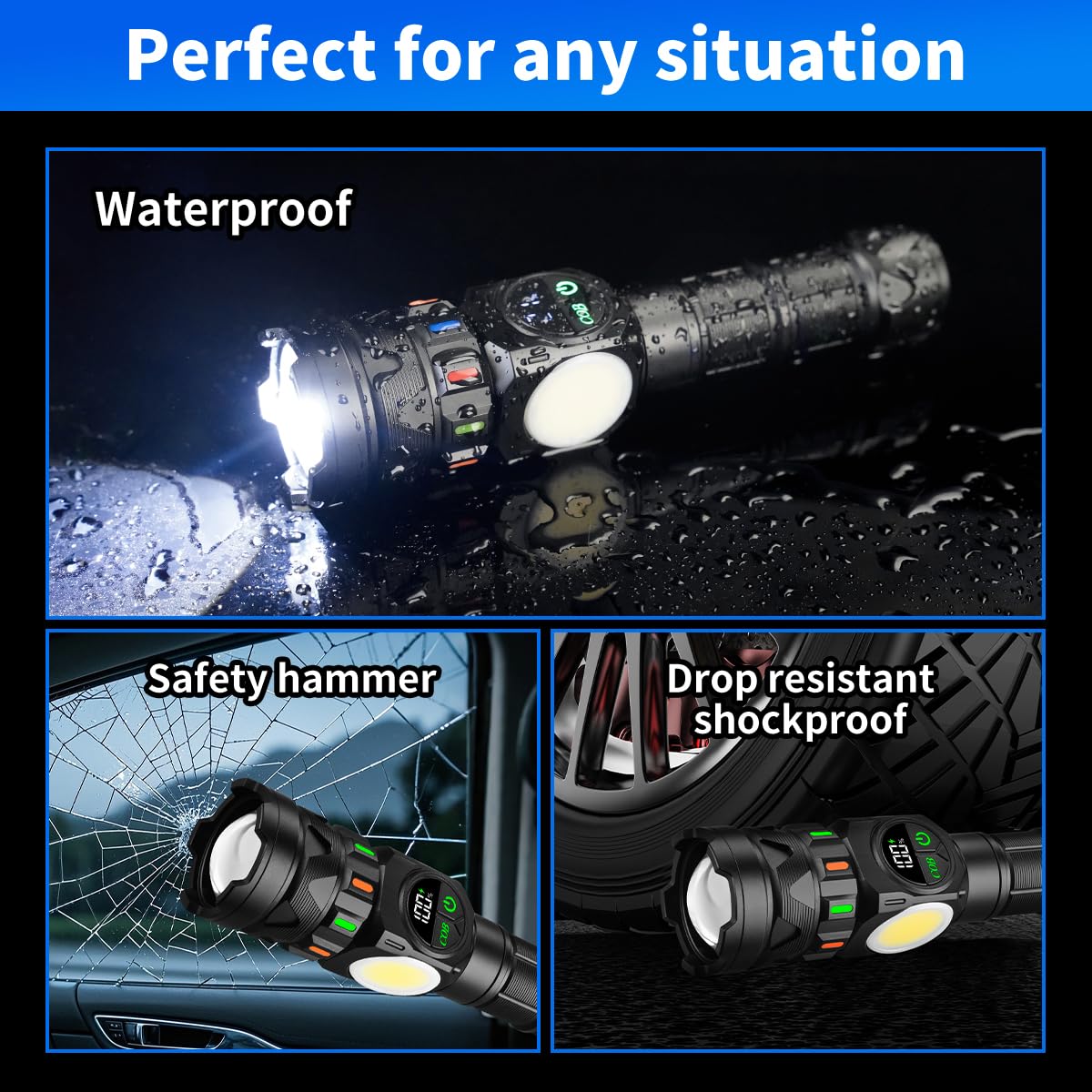 Rechargeable Flashlights High Lumens 5000 Long Distance, Super Bright LED Flash Lights with COB Sidelight USB C LCD Display, Daul Light Source & Buttons with Red Light, for Camping Hiking Emergency