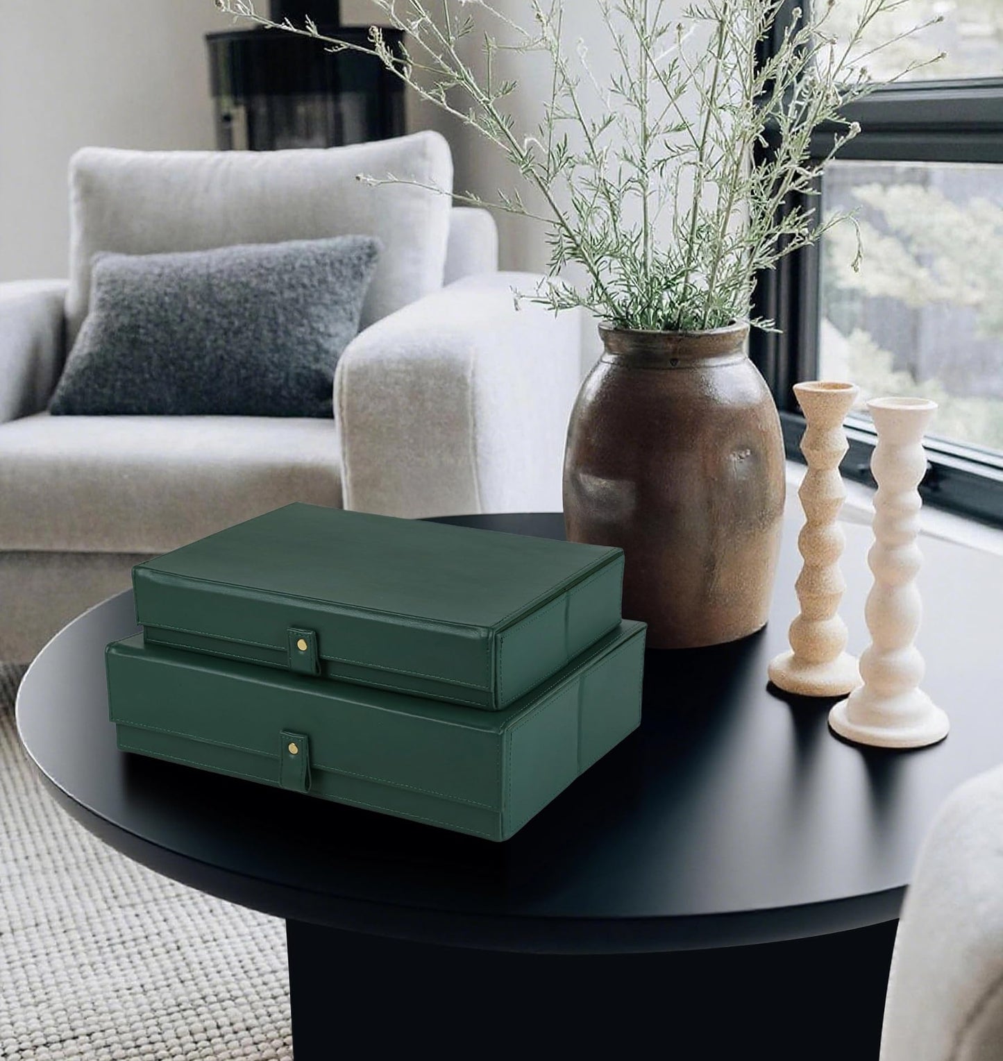 HofferRuffer Photo Storage Boxes with Dust-Proof Lid, Set of 2 Faux Leather Lidded Storage Bins, Photo, Jewelry, Scrapbooking Supplies, Keepsake Organizer for Elegant Home & Office Decor (Green)