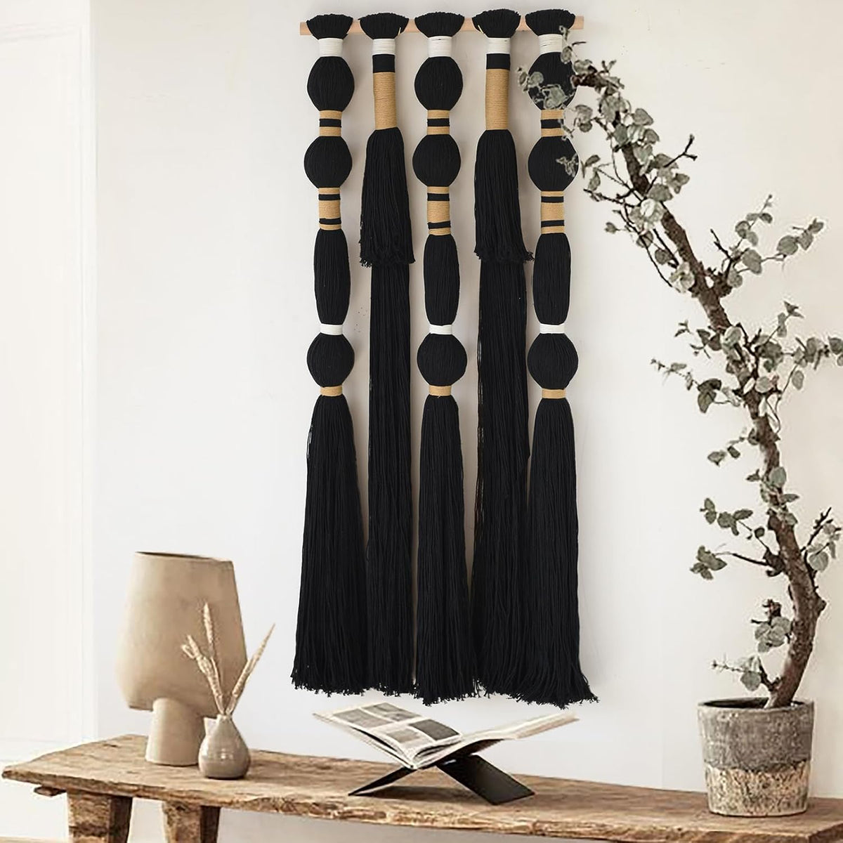 Macrame Wall Hanging Black Sphericity Cotton Tassels Textile Hanging Geometric Yarn Wall Art for Bedroom Living Room Decor 15.7" W x 39" L