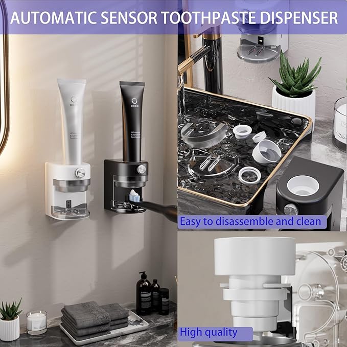 Toothpaste Squeezer, Bathroom Wall Mounted Electric Toothpaste Dispenser with Adjustable Toothpaste Dispensing Amount, Automatic Toothpaste Dispenser for Adults and Kids (White)