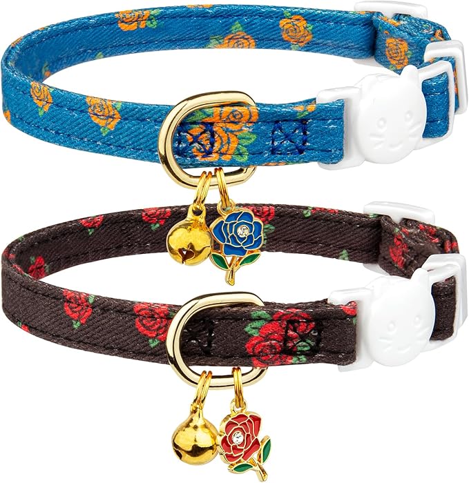 2 Pack Cotton Cat Collar Beige and Green Flowers Cute Kitten Cat Collar