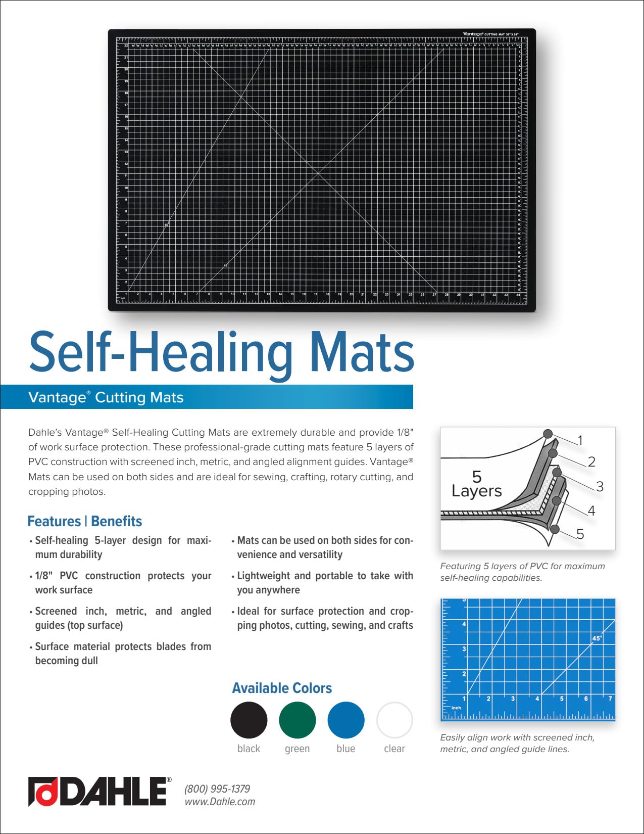 Dahle Vantage 10472 Premium Self-Healing Cutting Mat, 18"x24", 1/2" Grid, 5 Layers for Max Healing, Perfect for Crafts & Sewing, Green