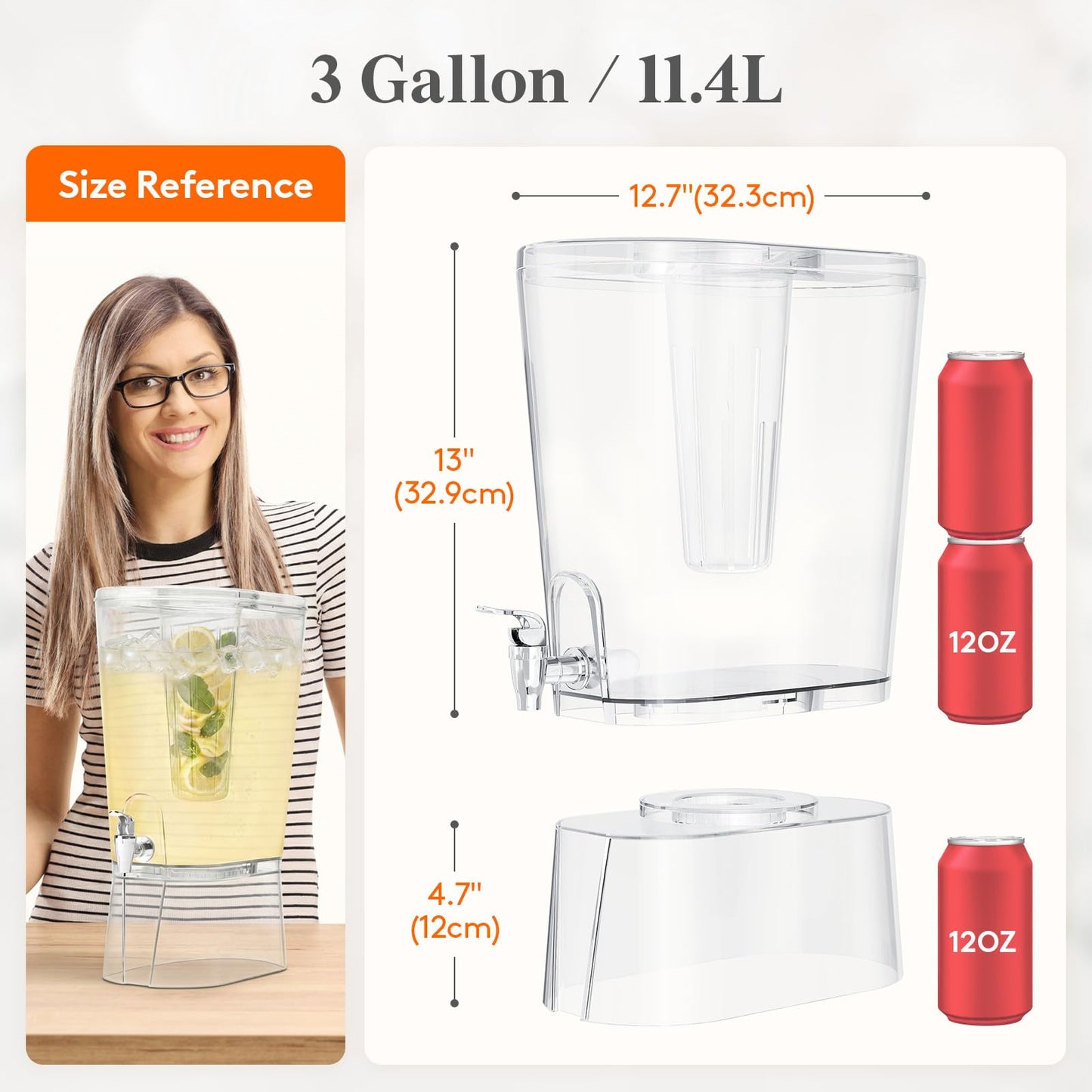 Lifewit 3 Gallon Drink Dispenser for Parties, Large Plastic Beverage Container for Juice/Tea/Soda with Stand & Ice Core, Clear Lemonade Dispenser with Spigot, BPA Free Water Pitcher for Hosting