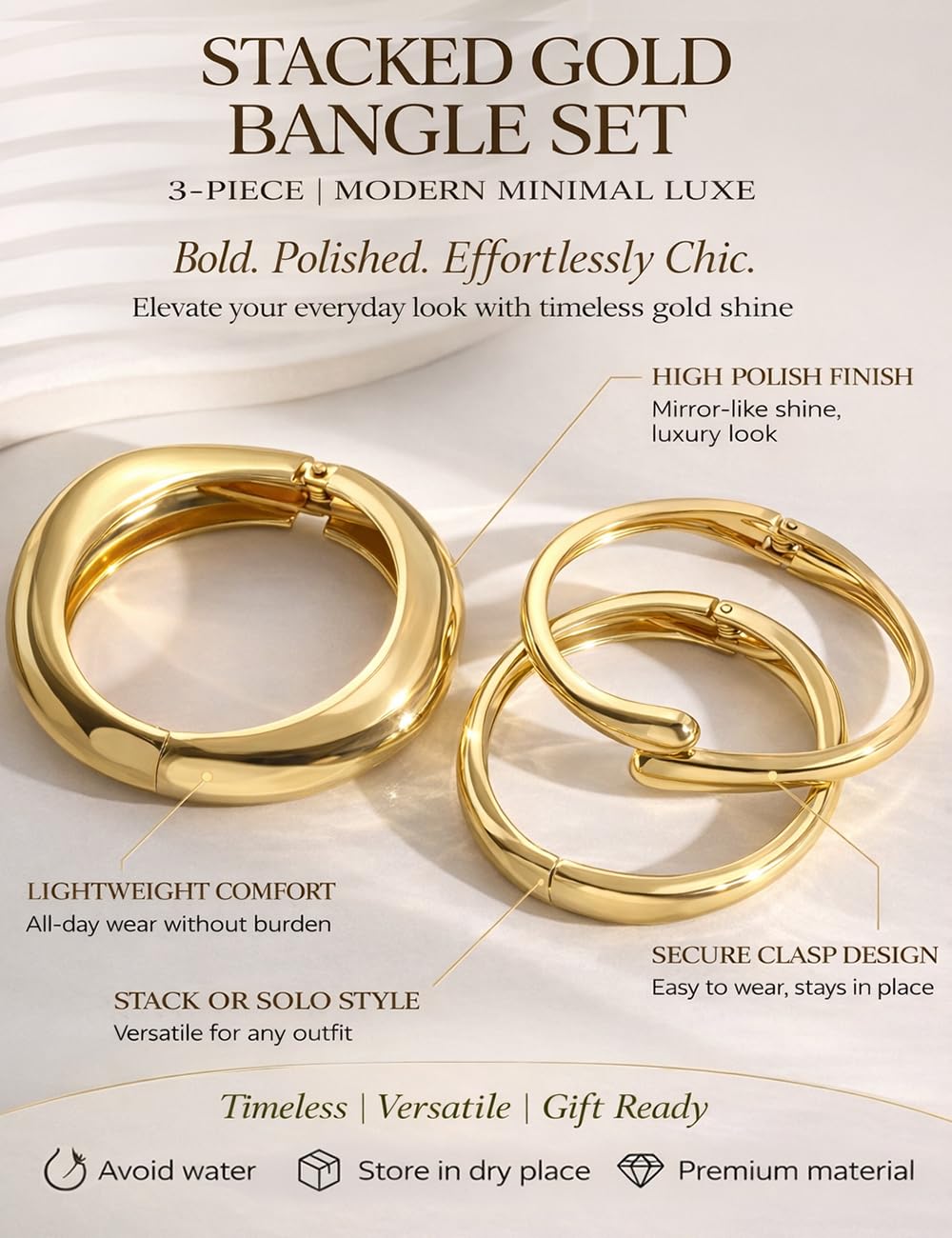 Chunky Gold Bangle Bracelets for Women, Dainty 14k Gold Plated Big Stackable Bangles Set, Trendy Cuff Bracelet Stack Non Tarnish Summer Beach Jewelry Valentines Gifts for Wife Mom