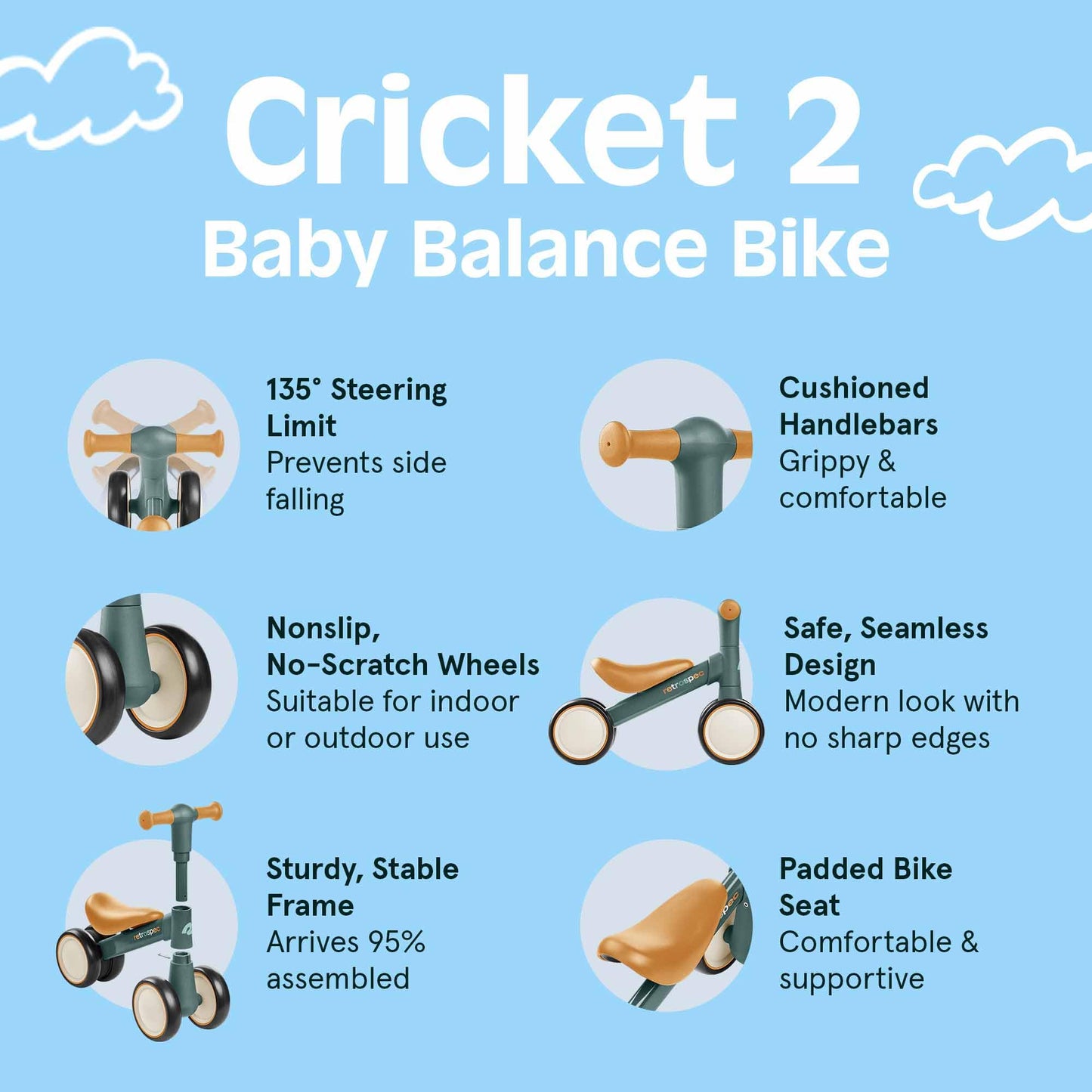 Retrospec Cricket Baby Walker Balance Bike with 4 Wheels for Ages 12-24 Months - Toddler Bicycle Toy for 1 Year Old’s - Ride On Toys for Boys & Girls