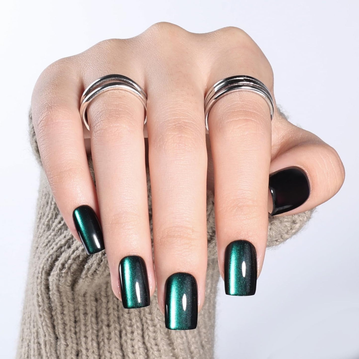 Leefrei Cat Eye Press On Nails - Short Square Deep Green Nails Press Ons for Women DIY Glossy Fake Nails Kit with Glue, Reusable Soft Gel Glue on Nails Short in 16 Sizes - 32pcs, Emerald Mirage