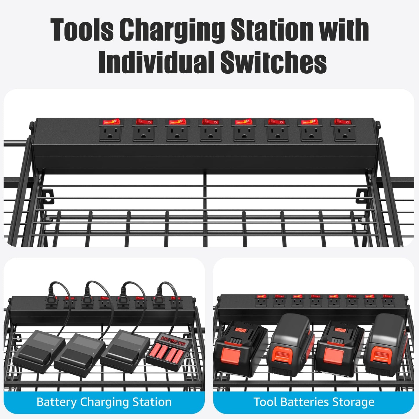 CCCEI Black Power Tool Organizer Wall Mount, Large Tools and Battery Storage Rack Charging Station Individual Switches. Drills Holder, Garage Utility Shelves with 6FT Power Strip. Gift for Men.