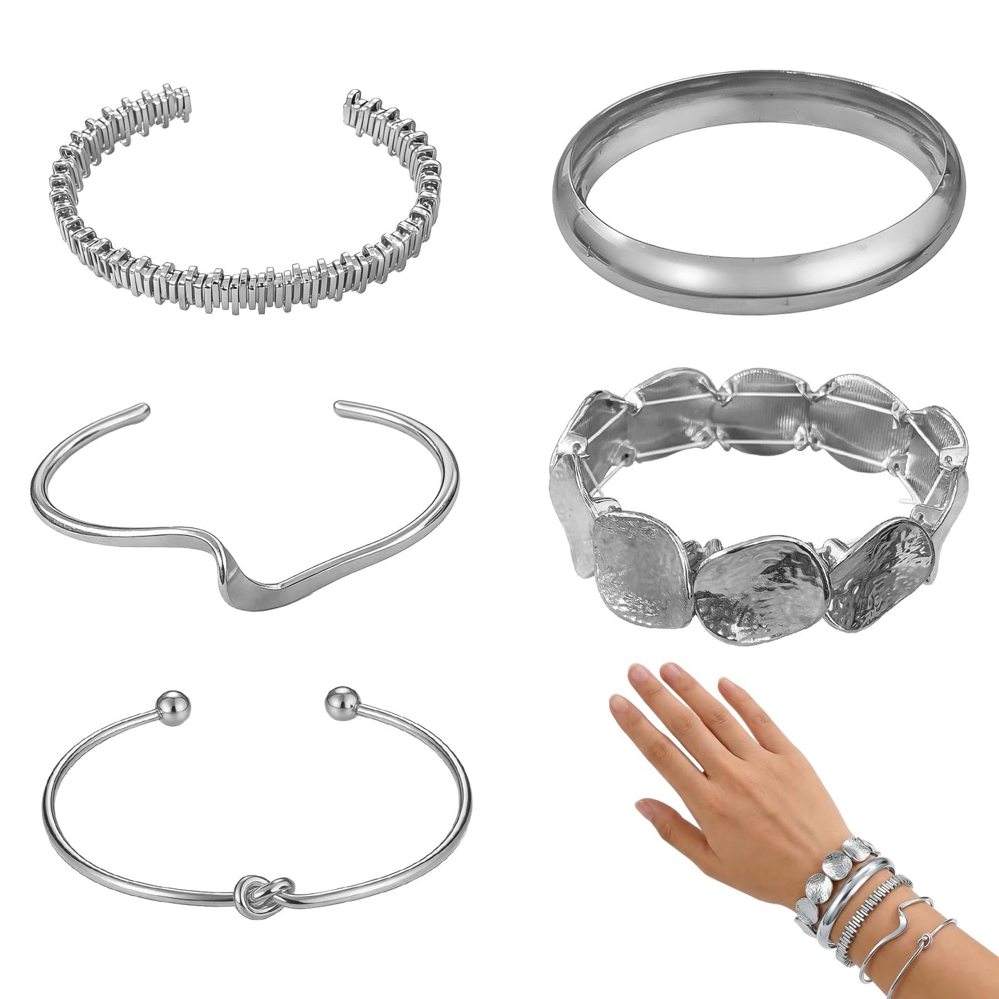 VEINARDYL Silver Bracelets set for Women, Silver Plated Bangles Cuff Bracelets Stack, Open Adjustable Bangles Fashion Accessories Jewelry Set for Gifts Birthday Valentines Day