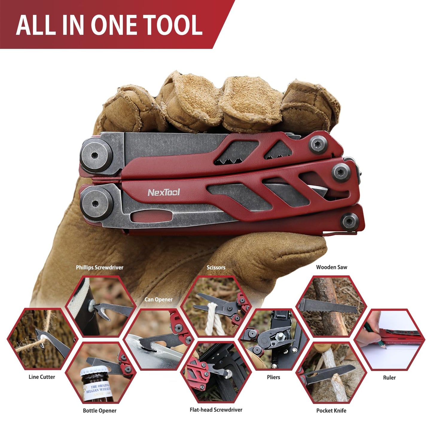 NexTool Flagship Pro, Multi Tool, Multitool Pliers with Big Folding Scissors, Replaceable Wire Cutters and Safety Locking, Multi Tool Pocket Knife, Survival Tools with Glass Breaker, Gifts for Men-Red