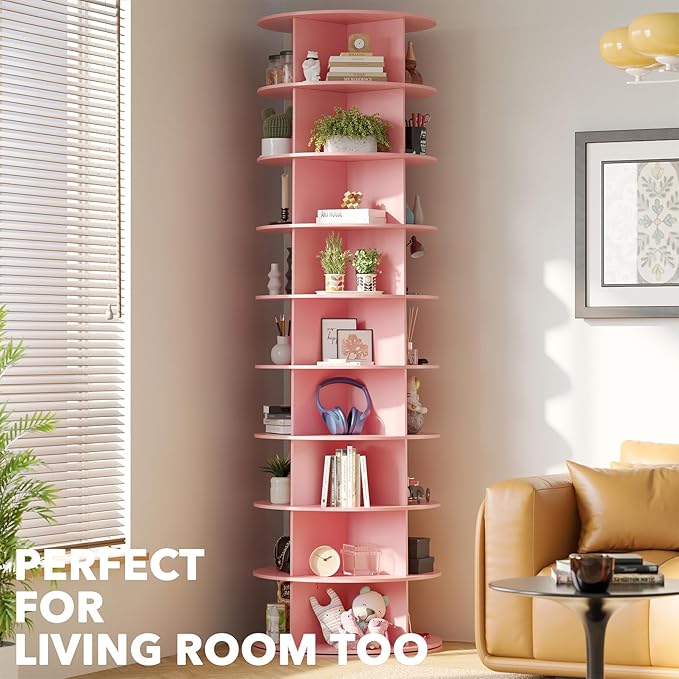 SpaceAid 9 Tier Rotating Shoe Rack Tower, Spinning Shoe Display Lazy Susan, Revolving 360 Shoe Rack Storage Round Carousel, Vertical Handbag Rotate Shoes Closet Organization (9-Tier Pink)