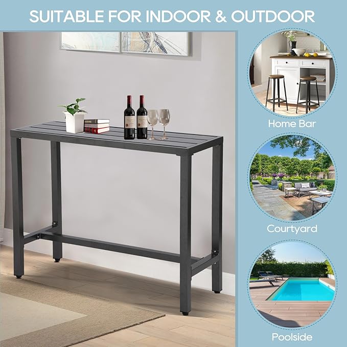 Outdoor Bar Table, Patio Console Pub Height Tables with Powder Coated Steel Frame, Weather Resistant Waterproof Top for Hot Tub, Balcony, Garden, Yard, Poolside (63" Bar Table, Grey)