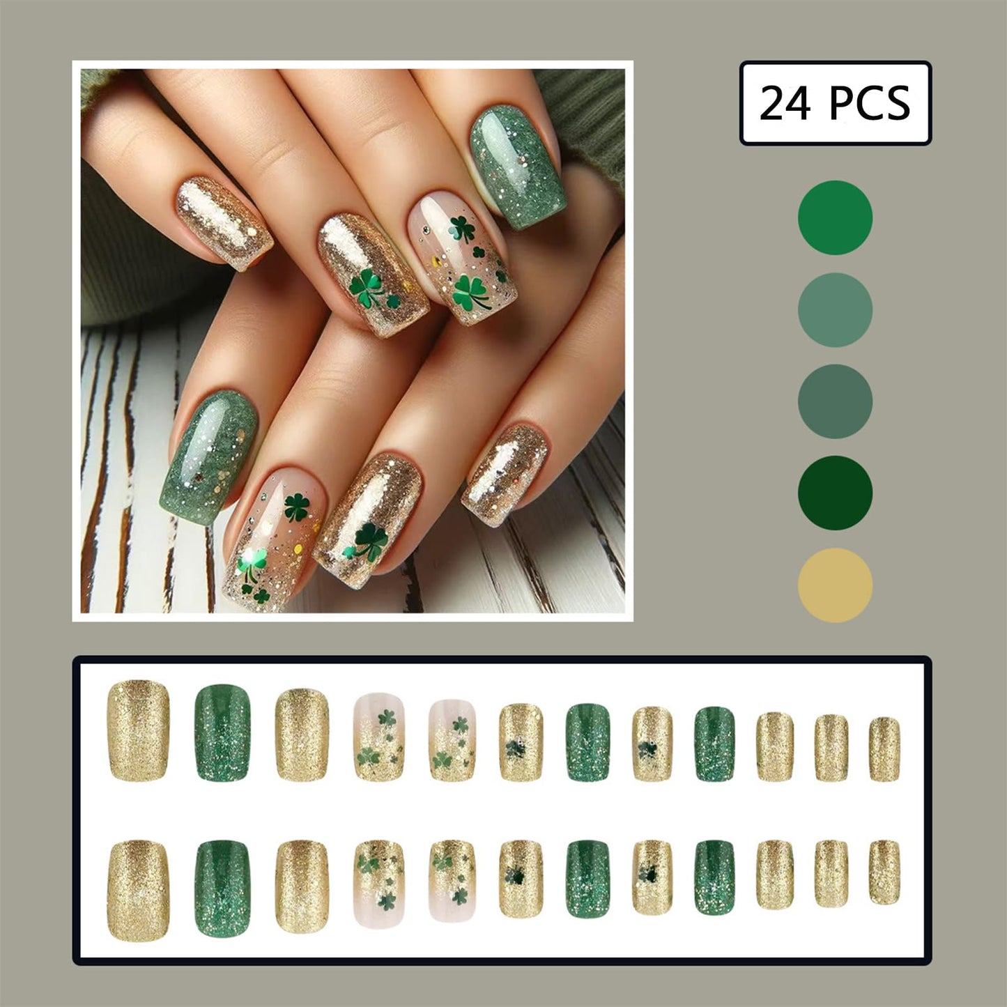 24 Pcs St. Patrick's Press on Nails Medium Square Shamrocks Green Gold Flash Fake Nails Lucky Clover Glitter Gradient Design False Nails Full Cover Stick on Nails for Women Nails Decoration