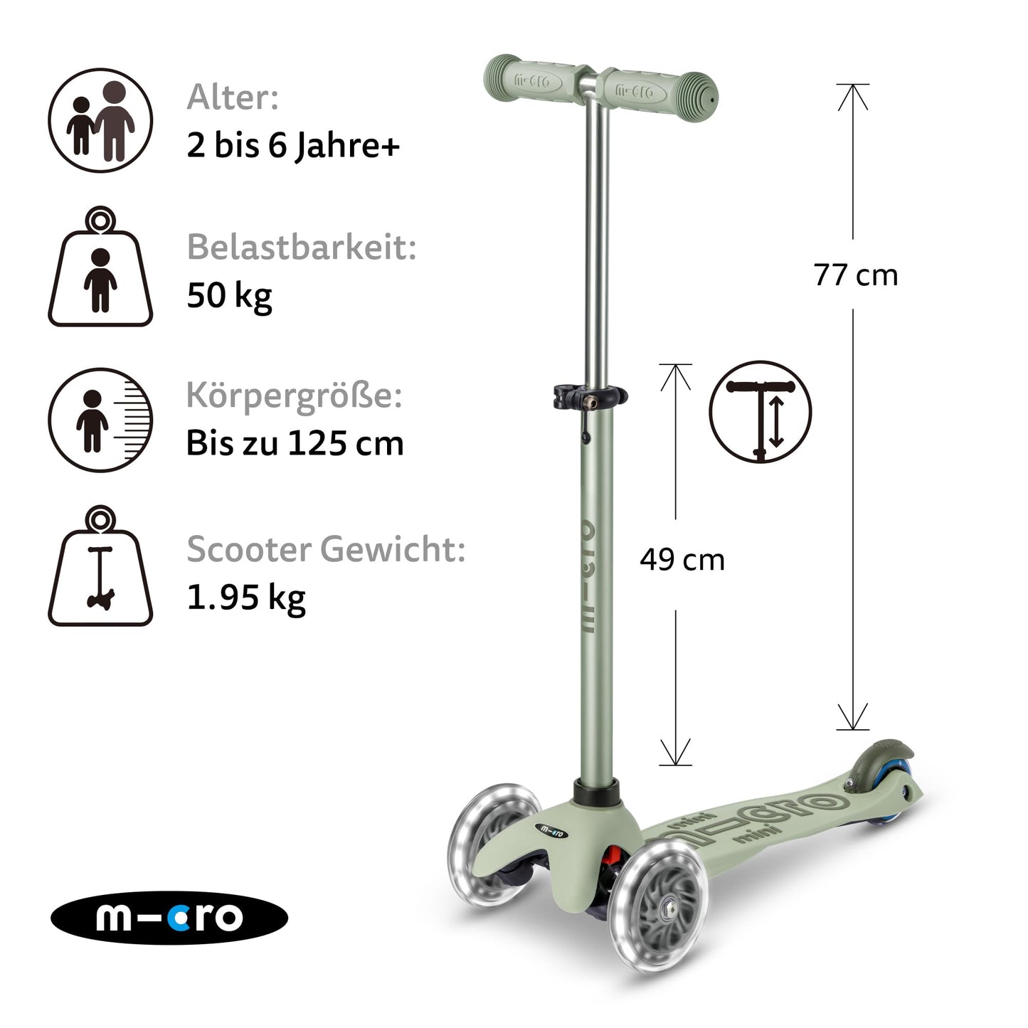 Micro Kickboard | Mini Rock & Go LED Kids Scooter for Ages 1-6 | Children up to 110 lbs | Lean-to-Steer Design | 6 in 1 | Adjustable T Bar | Smooth Ride, PU Wheels | Swiss Design