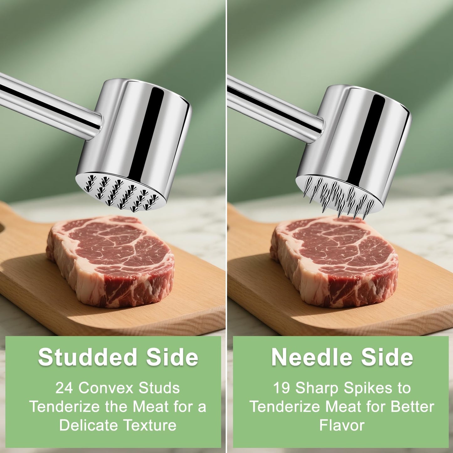 2-in-1 Real 316L Stainless Steel Meat Tenderizer Mallet Hammer, Professional Meat Pounder with 19 Sharp Needle Spikes, Dual-Sided Heavy Duty 1.09lb Versatile Kitchen Tool,Solid & Dishwasher Safe