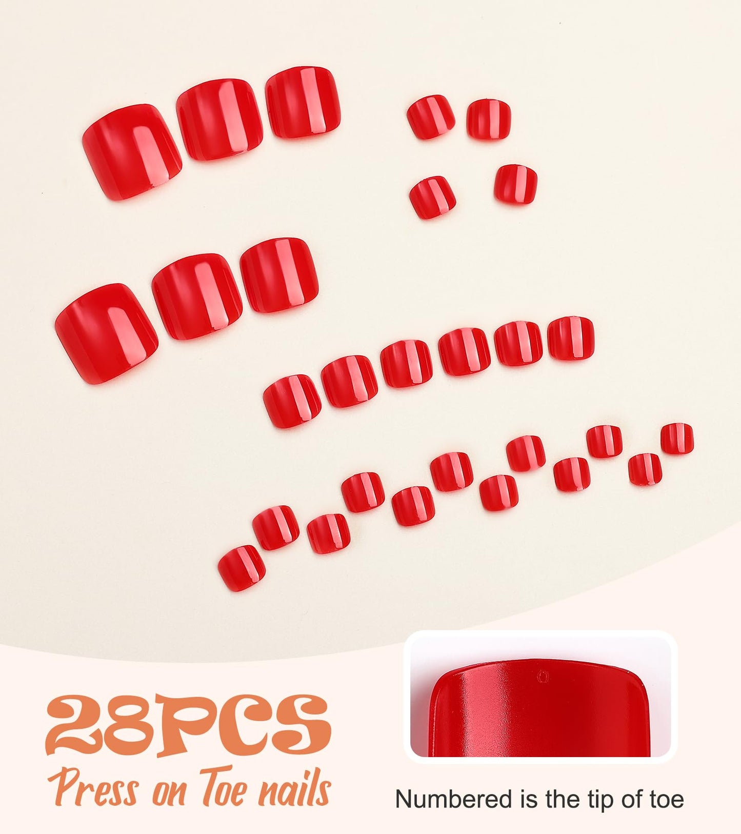 Morily Red Press on Toenails Short Square, Glossy Fake Toe Nails Summer False Toes Nails Reusable Full Cover Beach Toesnails for Women - 28Pcs in 14 Sizes