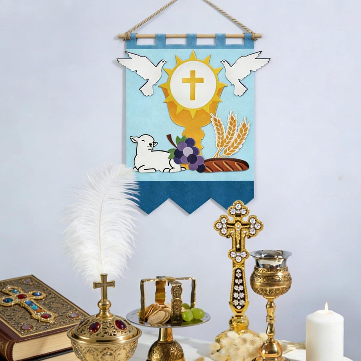 Zaruatu First Communion Banner Kit 11 x 15.74 Inch First Holy Communion Banner Kits Felt DIY Decor Set Include White Dove Communions Cup Lamb Grape Skewers for Church Sunday School (Blue)