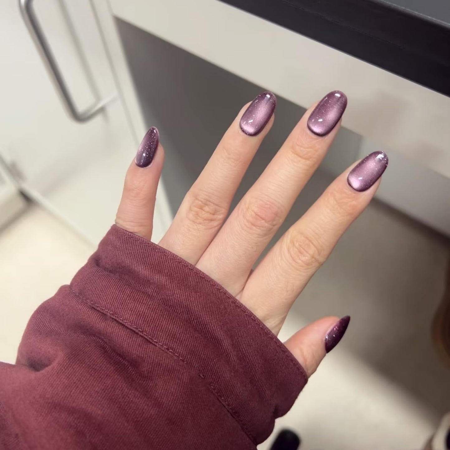 Cat Eye Press on Nails Handmade Short Oval/Square/Round False Nails with French Tip/Aurora/Magnetic Shimmer Designs (Shimmer#Oval Plum, Medium)