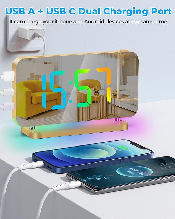 SZELAM Projection Alarm Clock, 7.4 in Digital Mirror Clocks,with 180° Rotatable Projector, RGB Night Light,USB C Charger Port, Auto Dimmer, LED Desk Clock for Bedroom