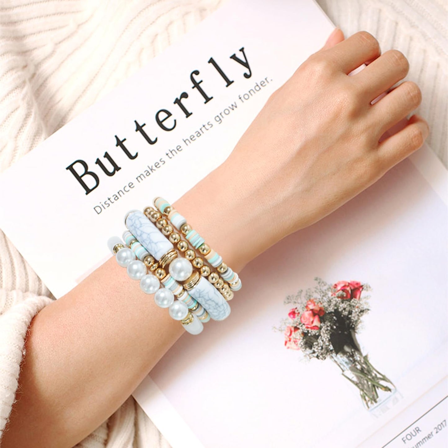 GOOJIDS Simple Beaded Gold Plated Bangles Bracelet Chunky Bamboo Tube Curved Stacking Clear Acrylic Colorful Beads Stretchable Gold Plated Bracelets Set For Women