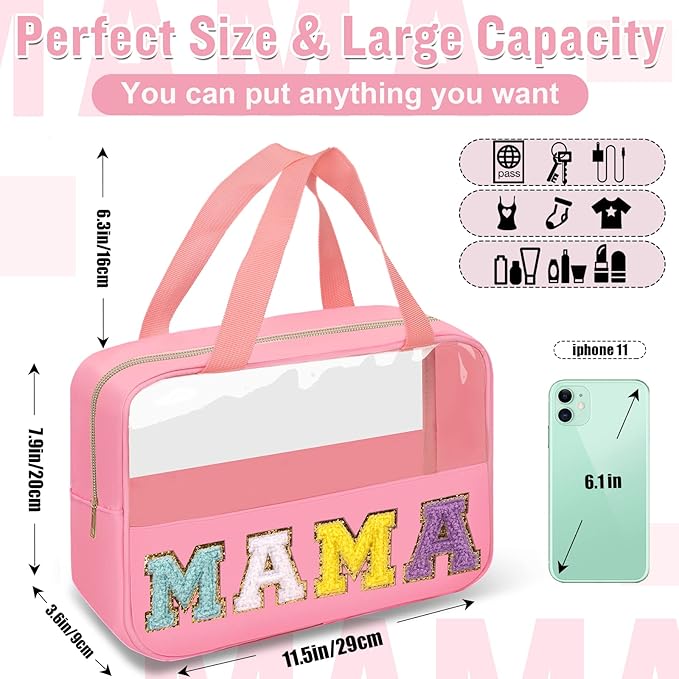 Chenille Letter Clear Makeup Bags Mama Tote, Preppy Patch Makeup Bag Zipper with Handle, Waterproof PVC & Nylon Portable Glitter Large Cosmetic Travel Toiletry Storage Bag for Women Girls(MAMA-Pink)
