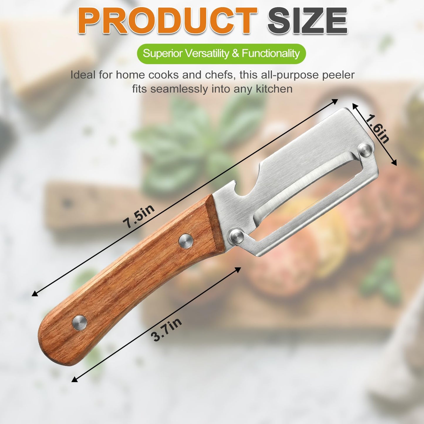 Multi Functional Vegetable Peeler with Wooden Handle and Bottle Opener, Stainless Steel Kitchen Peeler Tool for Potato Apple Pumpkin Papaya, Premium Single Blade Food Peelers (2pcs)