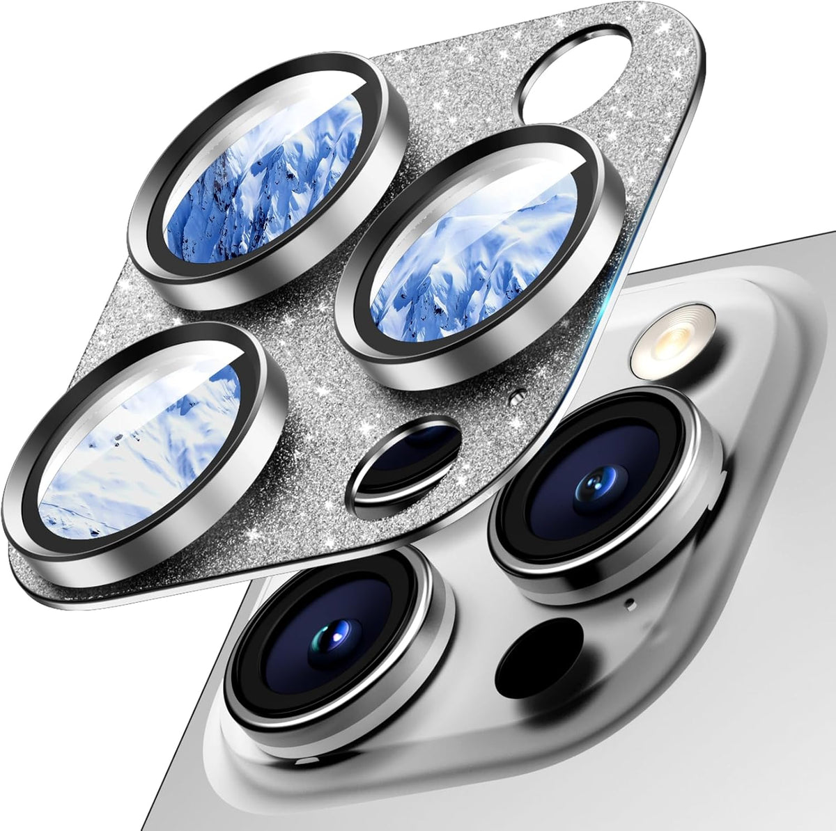 Camera Lens Protector for iPhone 16 Pro Max/16 Pro/15 Pro Max/15 Pro/14 Pro Max/14 Pro, Aluminum Alloy Sapphire Glass Camera Screen Cover, Case Friendly- Glitter White