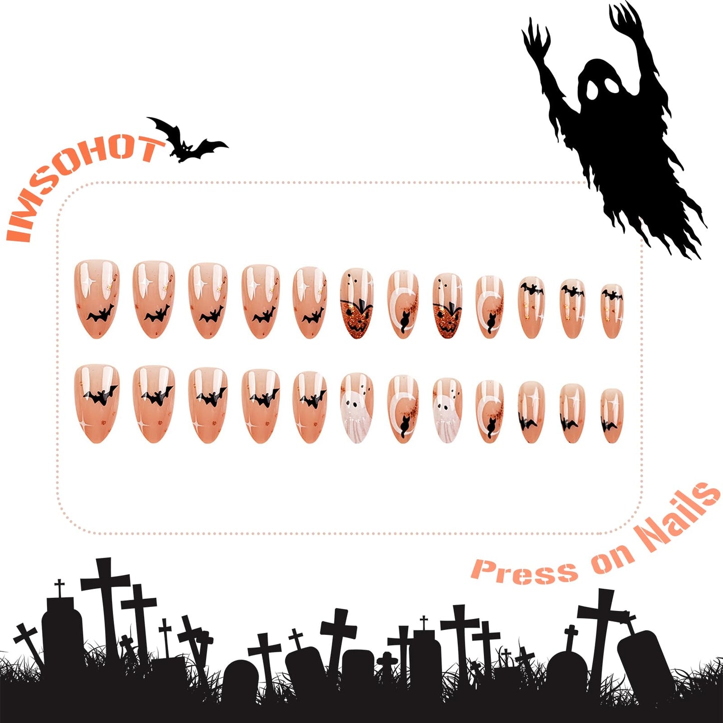 IMSOHOT Halloween Press on Nails - Nude Medium Almond Fake Nails with 3D White Ghost, Orange Glitter Pumpkins, Black Bat Designs | 24 Nail Kit with Glue, Glossy Cute Glue on False Nails