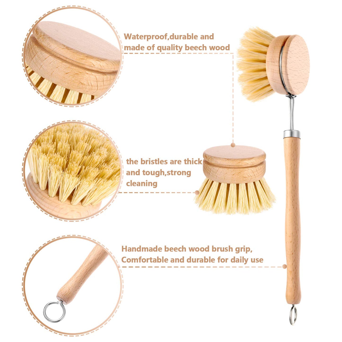 Boao Dish Brush with Beechwood Handle with 2 Replacement Heads Natural Wood Dish Scrub Brush for Washing and Cleaning Pots and Pans