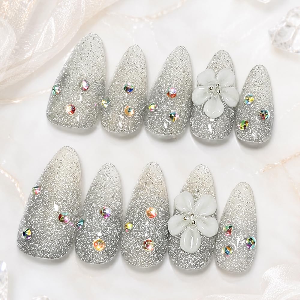 2IM Studio Handmade Press On Nails, Elegant Nude 3D Floral French Tip with Pearl Rhinestones, Almond Medium Length Full Cover Thick Reusable Acrylic Nail Kit for Women 10PCS (Galaxy Aurora-S)