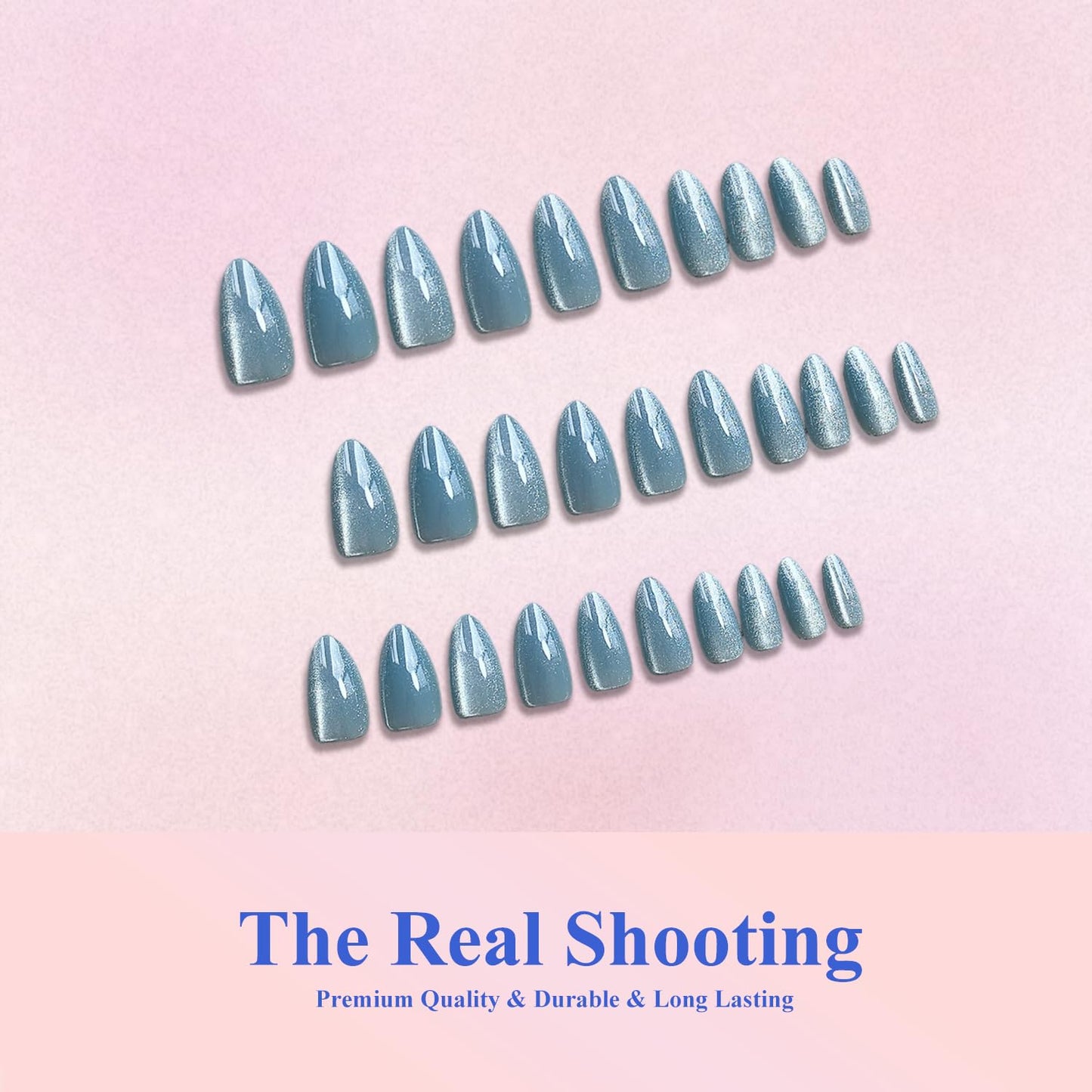 KQueenest Cat Eye Press On Nails Almond - Light Blue Press On Nails Medium Stiletto, 30 Pcs 15 Sizes Glitter Fake Nails Press ons, Upgrade Thick Quality, Reusable Reflective Glue on Nail for Women