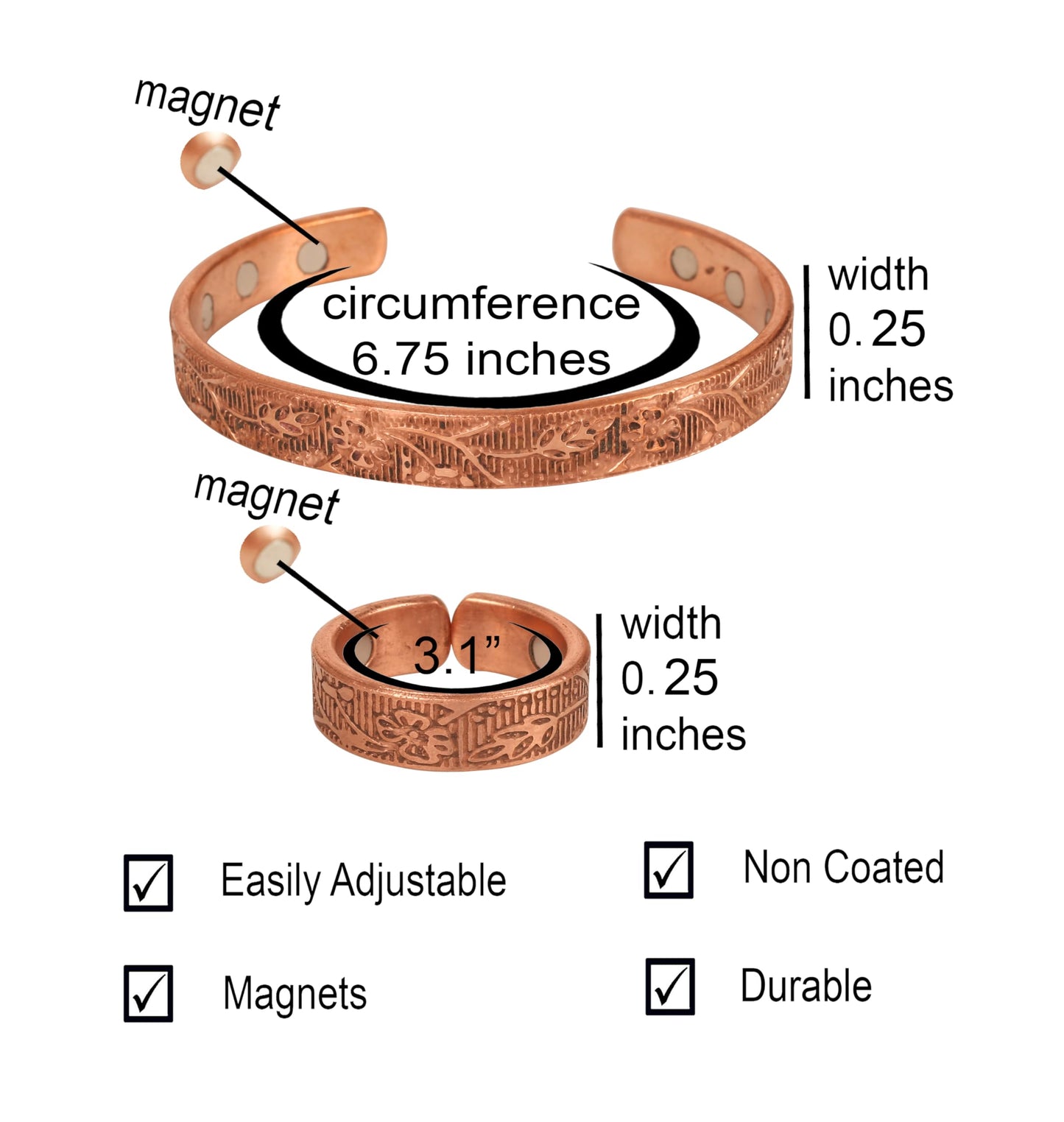 Touchstone Copper Magnetic Hand Forged With Solid And High Gauge Engraved Petals Pattern Minimalistic Elegance Pure Copper Bracelet And Matching Ring In Natural Tone.