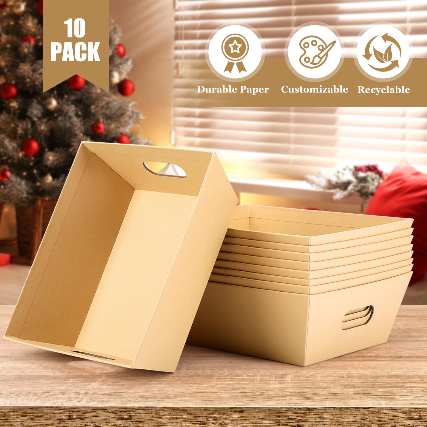 AFOROEOA 10PACK Baskets For Gifts Empty, 10 x 8”Thick Kraft Gift Basket with 10 Clear Gift Bags and 10 Pull Bows, Empty Gift Baskets for Christmas, Thanksgiving Wedding Birthday Party Wrapping Gift