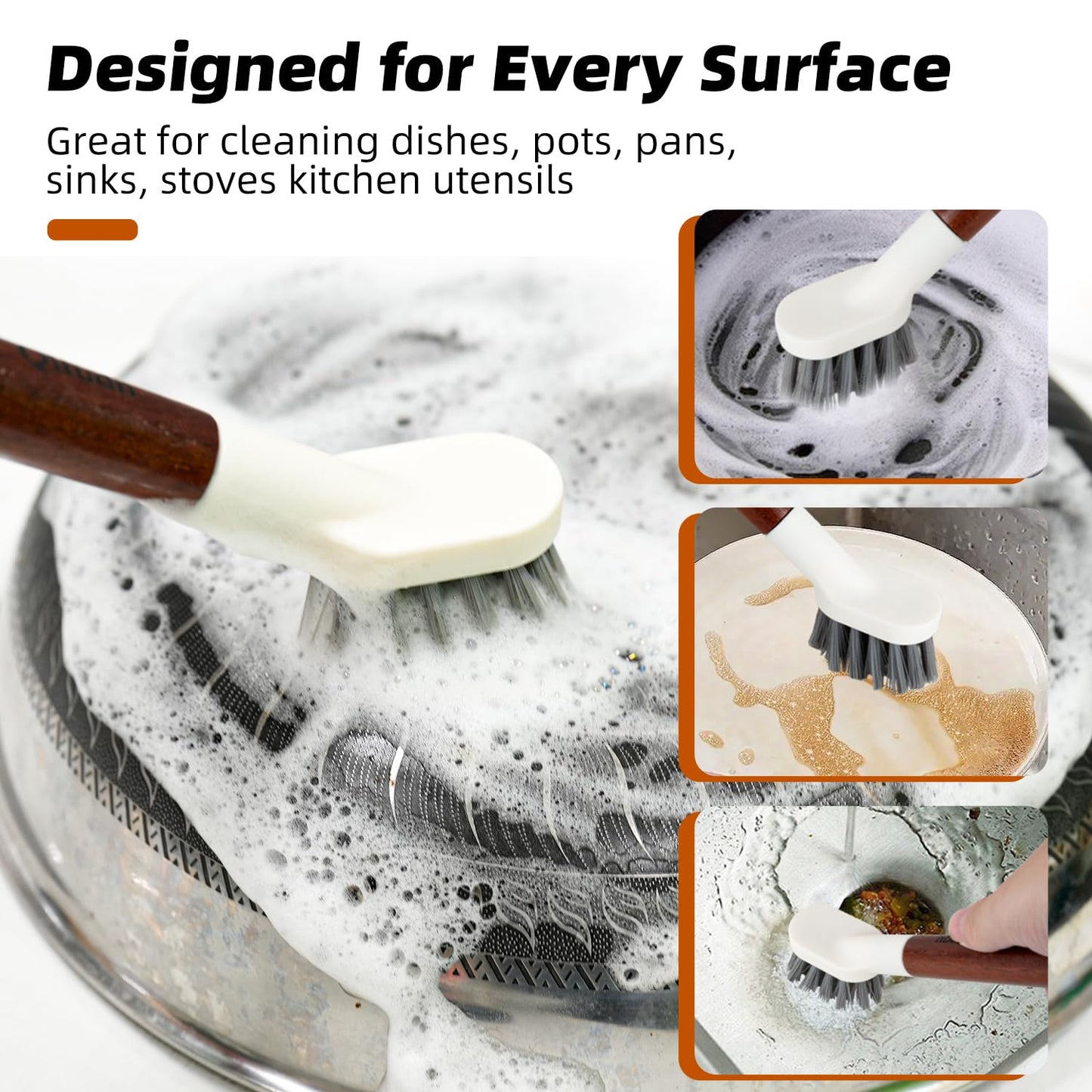 QLTUDN 4-Pack Heavy Duty Scrub Brushes with 11" Sapele Wood Handle – PBT Bristles & TPR Loop – Kitchen, Bathroom, Grout, Dish & Tile Cleaner – Durable Non-Slip Multi-Surface Cleaning Brush Set
