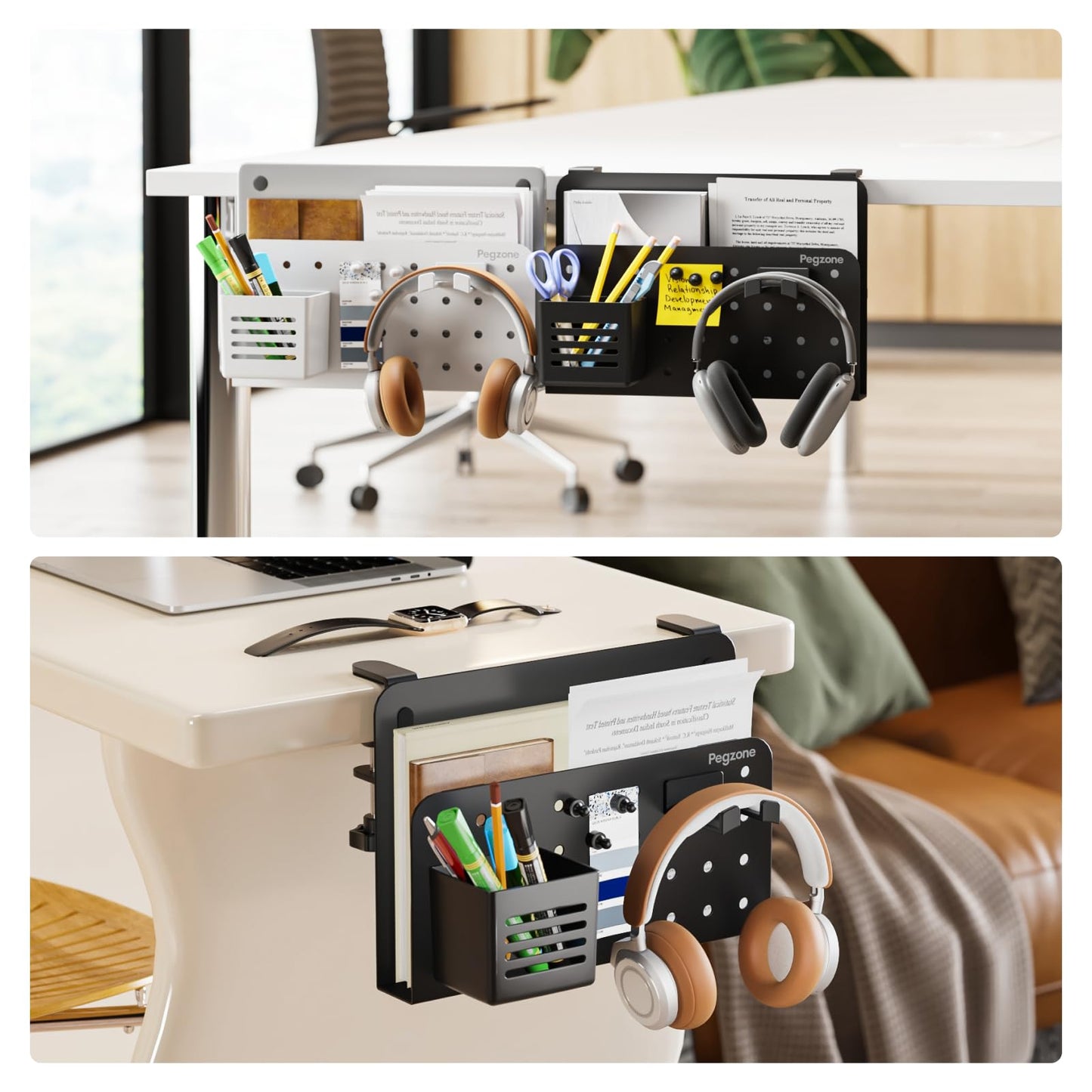 PEGZONE Desk Side Storage Organizer, No Drill Under Desk Laptop Holder, Clamp on Desks Shelf with Pegboard Accessories, Hanging Laptop Mount, Fits Flat Edge 0.4" to 2.2", Black