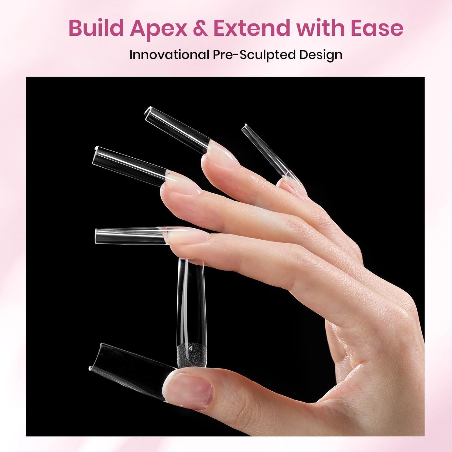 Beetles Tipex Instant Apex Nail Tips, XL Long Square, 16 Sizes | 00–14, 160PCS, Built-in Apex Acrylic Tips for Flat & Natural Nail Beds, Beginner-Friendly Easy DIY Nail Extensions