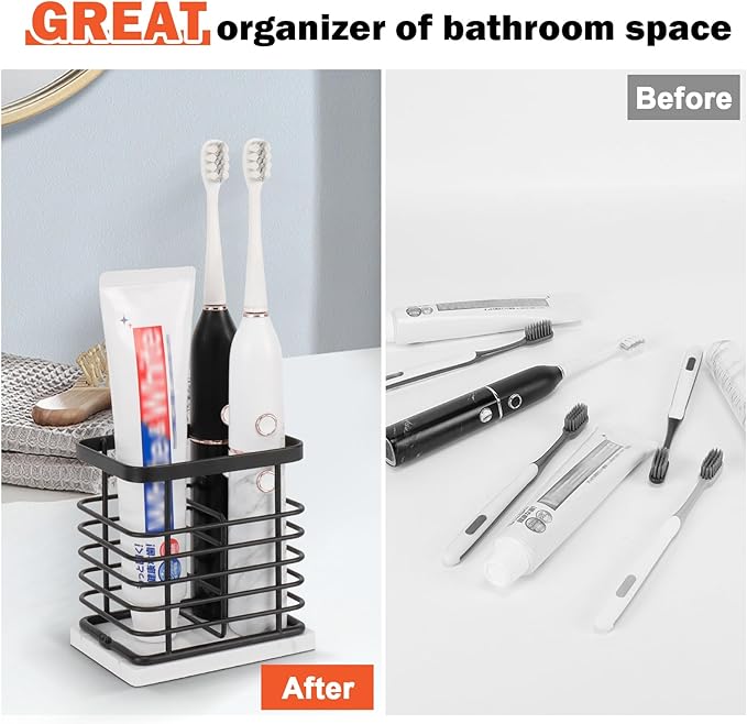 HarJue Toothbrush Holder, Luxurious Metal Toothbrush Toothpaste Holder with Marble Base for Bathroom, Multi-Slots Openwork Design, Bathroom Accessory for Storage and Organizer (Small, Matte Black)