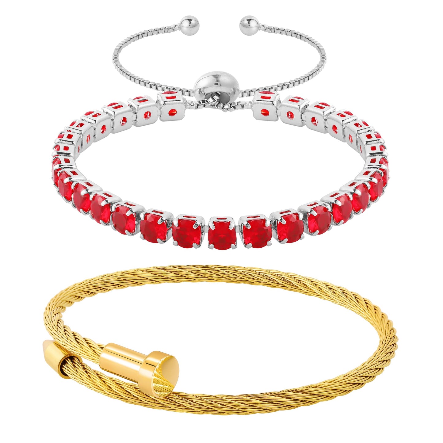 LCTrusttmor Gahna 2PCS Gold/Silver Plated Nail Bangle & Tennis Bracelet Set for Women, Stackable Red Cubic Zirconia Adjustable Bangle Jewelry, Dainty Mother’s Day Birthday Gift for Women