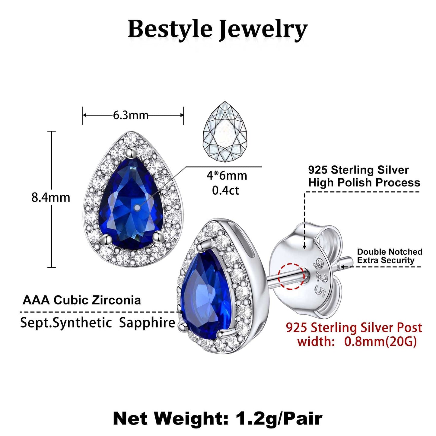Bestyle Adorable September Sapphire Birthstone Stud Earrings 925 Sterling Silver CZ Teardrop Gemstone Studs Earrings Great Birthday Gift for Wife/Mom/Grandma