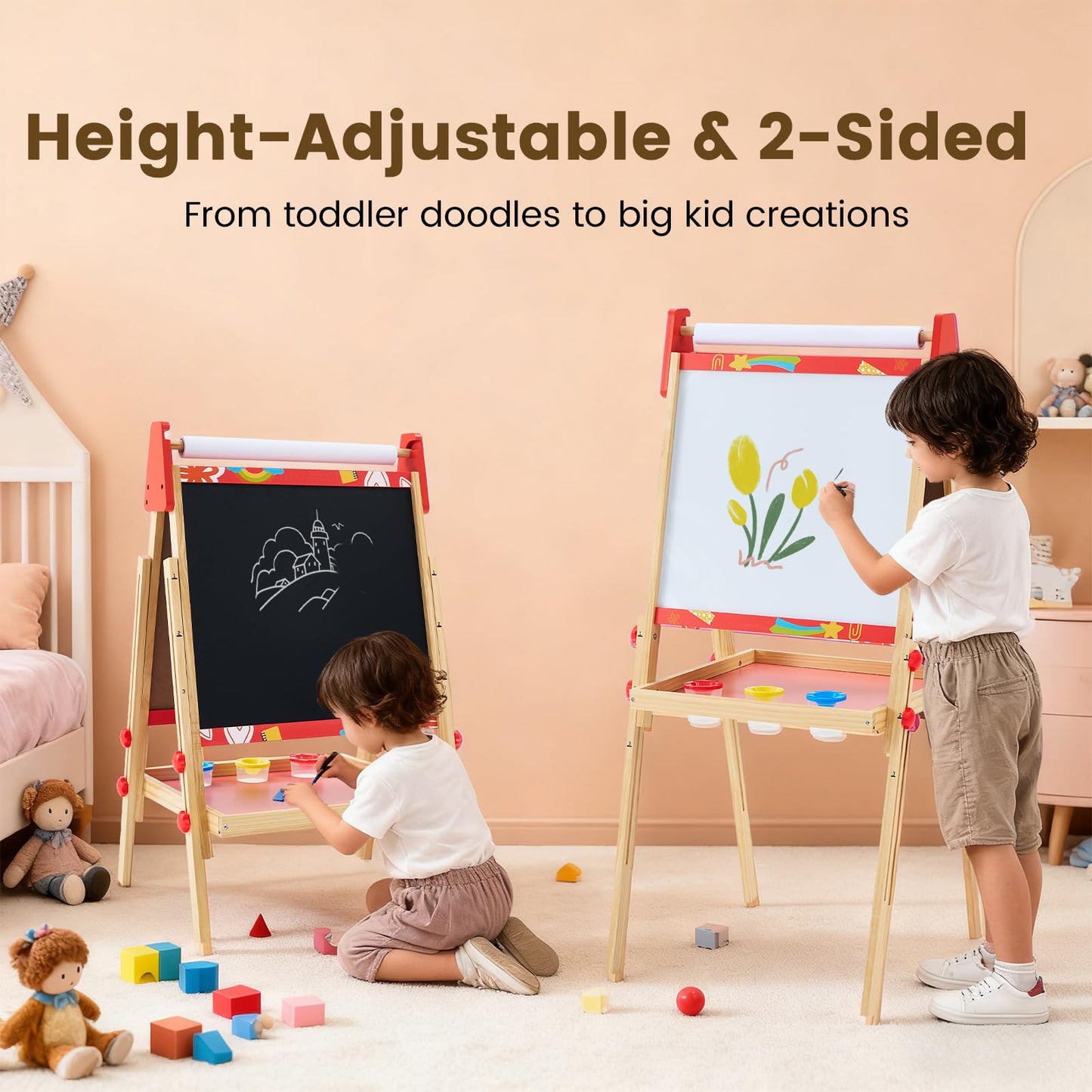 DUMOS Kids Easel Set with Paper Roll, Adjustable Height Double-Sided Magnetic Chalkboard & Whiteboard Art Station for Ages 3+, Dry Erase Board, Gift for Girls and Boys, Red