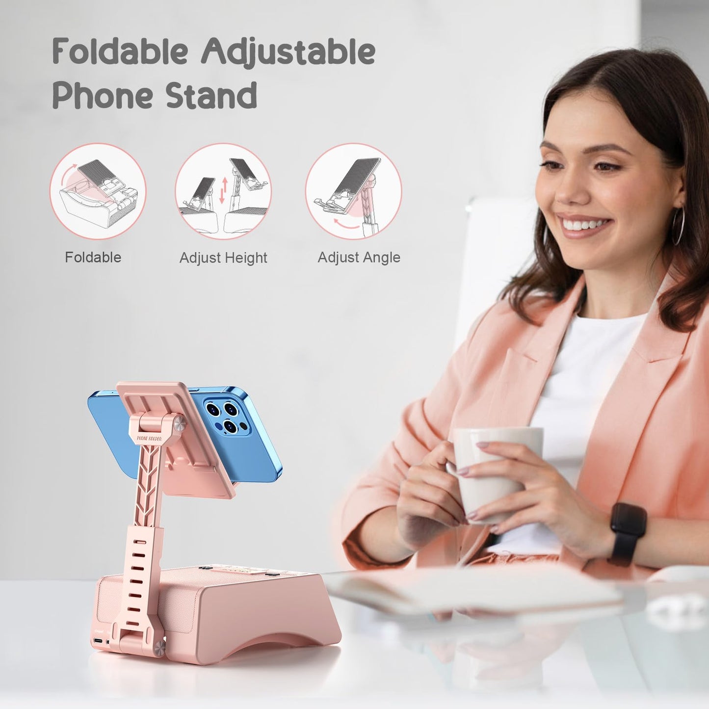TechGlow Foldable Cellphone Stand with Wireless Bluetooth Speaker Birthday Gifts for Men Women Mother Father Cool Tech Gadgets- Pink
