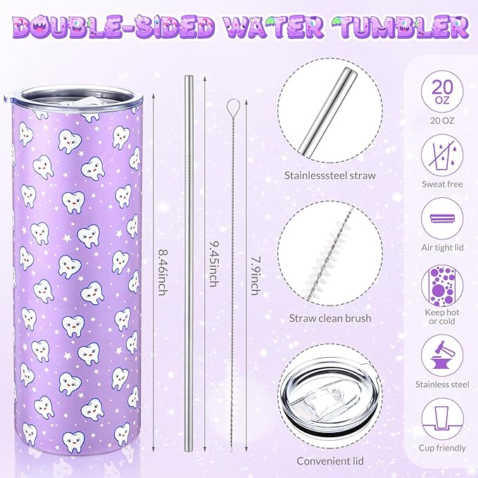 Umigy 2 Pcs Dental Assistant Gifts 2025 Dental Hygienist Appreciation Gifts 20 oz Teeth Print Tumbler with Lid and Sock for Women for Nurse Week Appreciation Dentist Christmas Birthday(Purple)