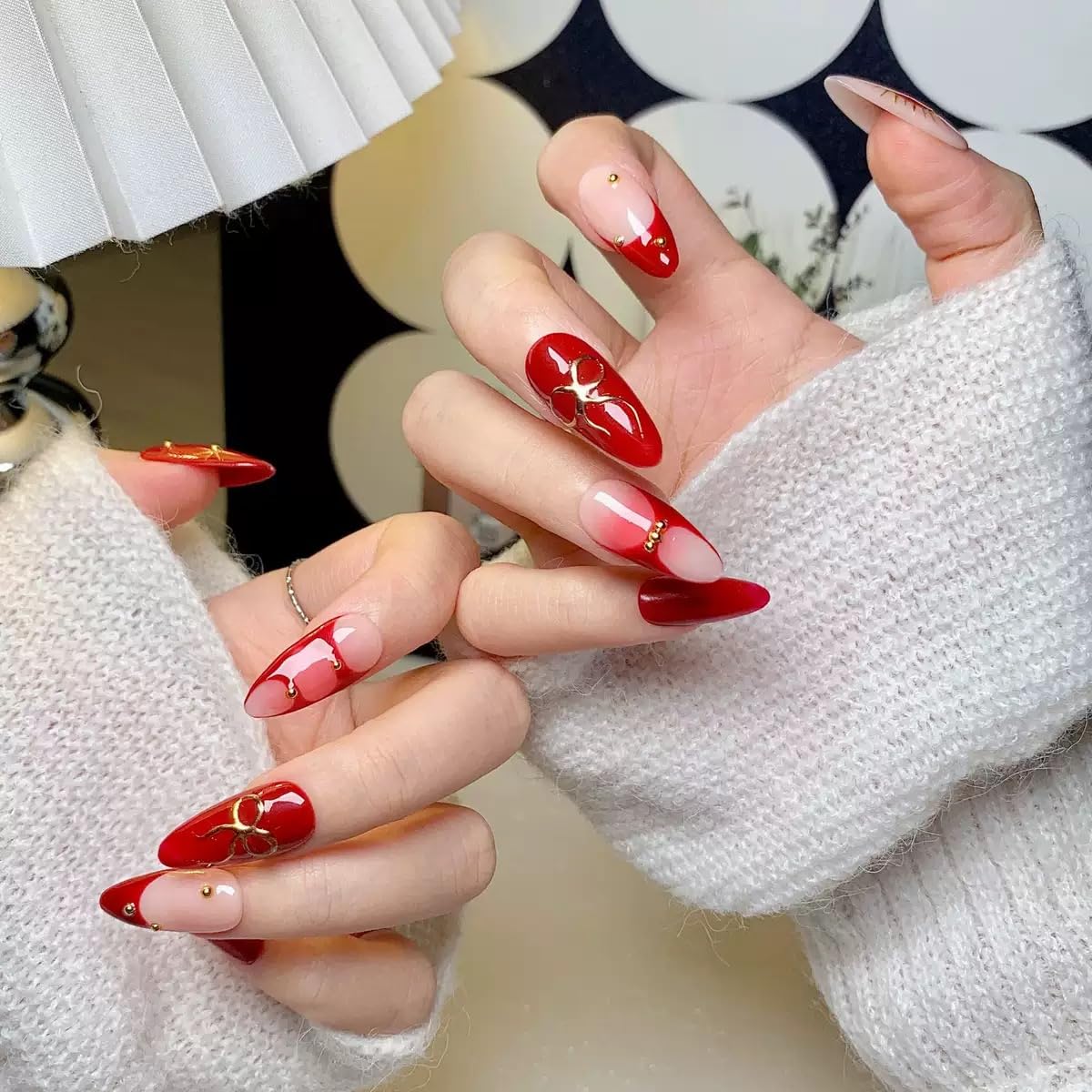 Red Press on Nails Almond - Handmade Fake Nails with Heart Bow Design - Medium, French Tip False Nails for Women - (Size M)