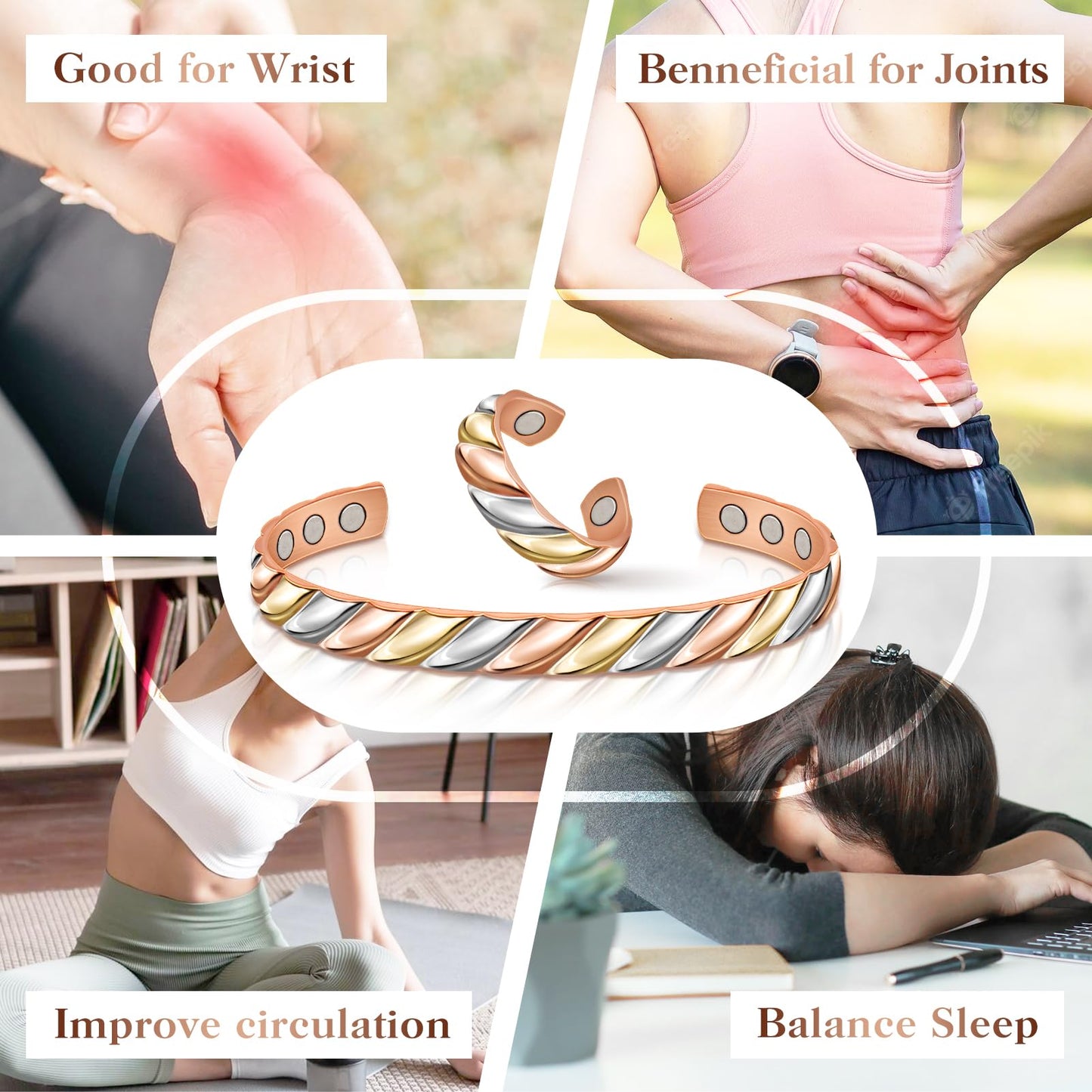 Mahnco Copper Bracelets for Women Men Lymph Detox Magnetic Bracelet & Ring Magnetic Copper Bracelet, Tri-color Bracelet Jewelry Gift for Christmas Valentine's Day Mother's Day