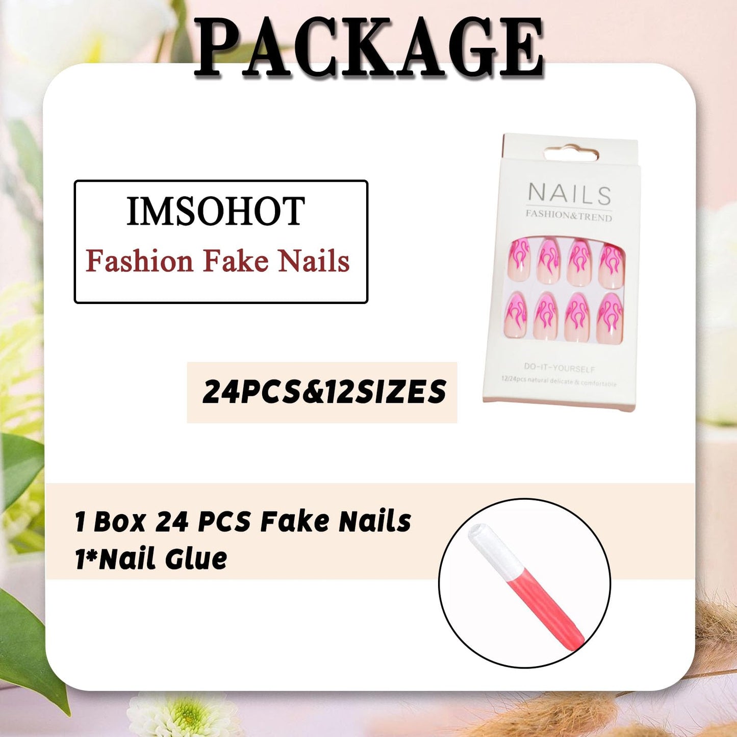 IMSOHOT Pink Press on Nails Medium Almond Fake Nails Flame Pattern Design Glossy French Tips Glue on Nails for Women DIY Charm Manicure 24Pcs